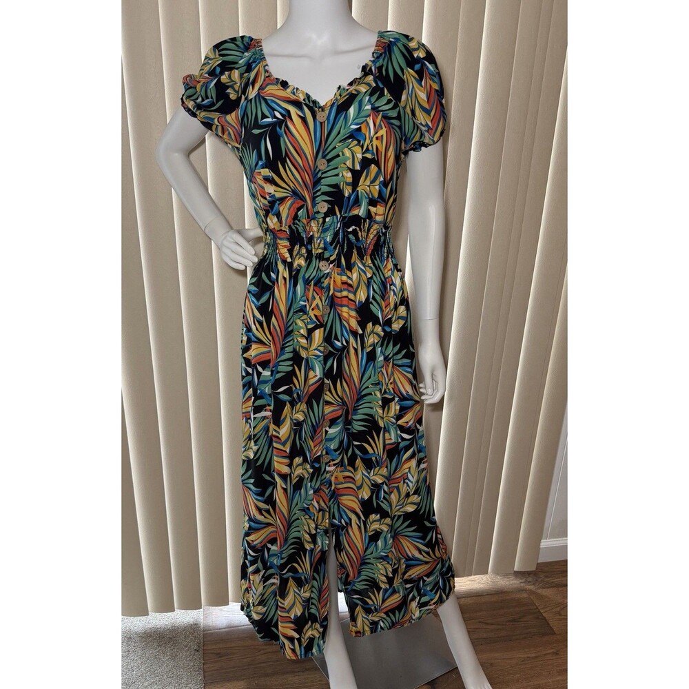 Kindred XL Tropical Leaf Maxi Dress Smocked Waist Puff Sleeve Button Front Rayon